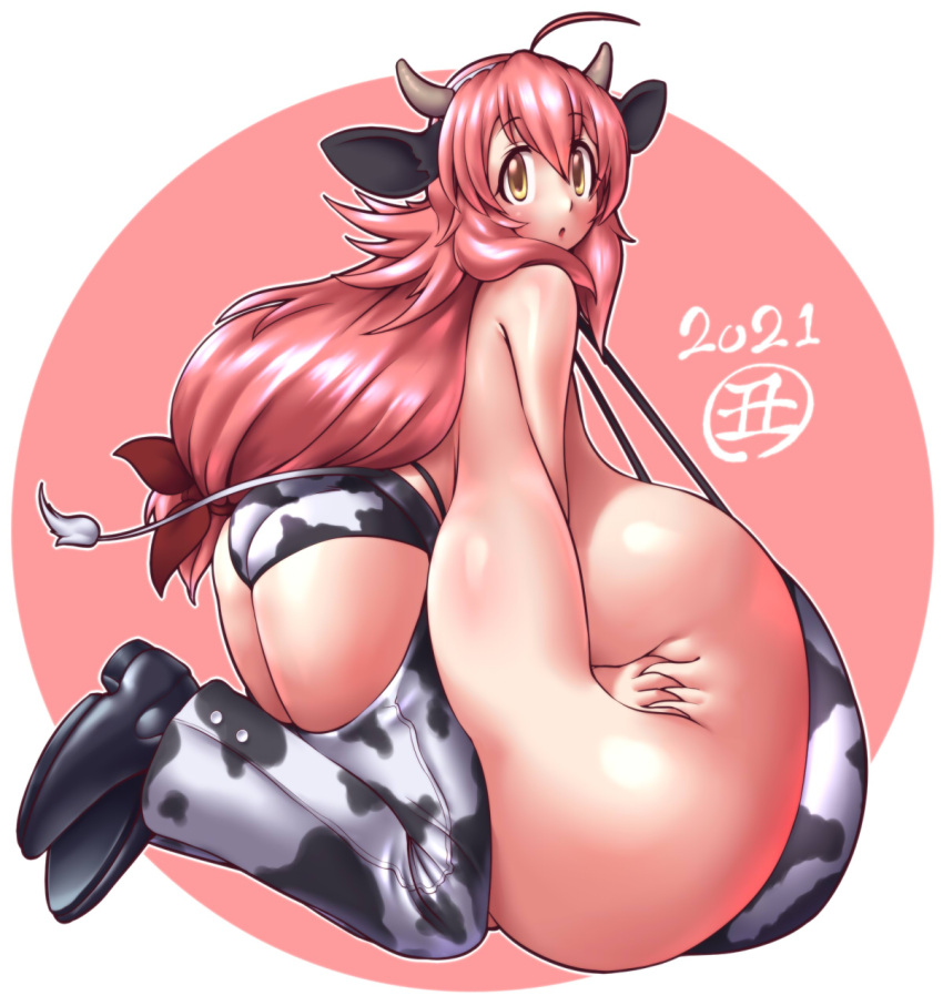 1girls arched_back ass bent_forward breast_press butt clothed clothes clothing cow_ears cow_girl cow_horns cow_print cow_tail female gigantic_breasts higuma human hyper hyper_breasts immobile leaning_forward looking_at_viewer on_breasts plump_ass tagme