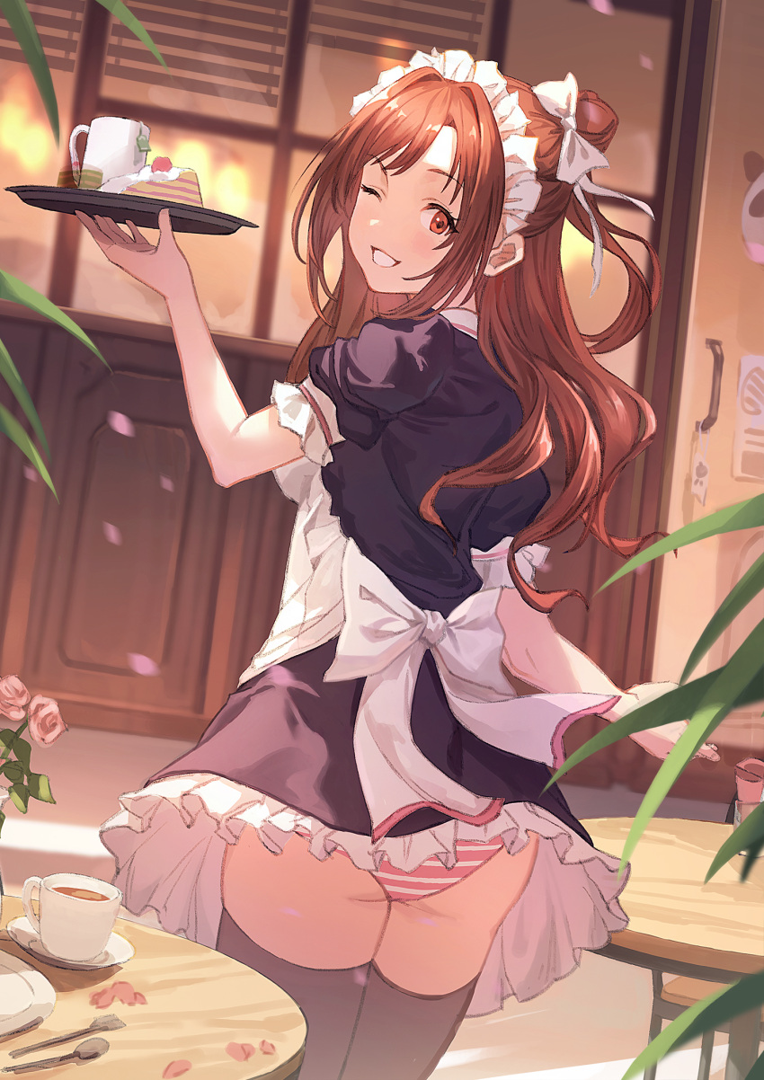 alternative_costume apron ass back_bow bangs black_dress black_legwear bow brown_eyes brown_hair cafe cake clothing cup dessert door dress female flower food fork frilled_apron frilled_dress frills gawain_(artist) grin hair_bun hair_intakes hair_ornament hairbow headdress headwear high_resolution holding holding_object holding_tray idolmaster idolmaster_cinderella_girls indoors long_hair looking_at_viewer looking_back maid_cafe mug one-side-up one_eye_closed one_side_up panchira panchira_(standing) pantsu pink_flower pink_panties pink_rose pixiv_id_7382287 plate puffy_short_sleeves puffy_sleeves rose shimamura_uzuki short_sleeves smile solo spoon standing strawberry_shortcake_(food) striped striped_panties striped_underwear table tea teacup thighhighs tied_hair tray underwear vase waitress wavy_hair white_bow