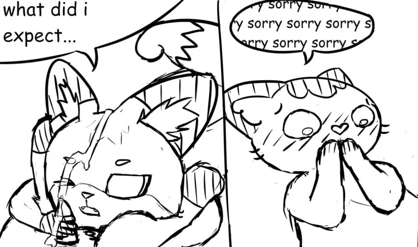 1boy 1girls 2d claws closed_mouth comic cum cum_on_face dialogue domestic_cat duo english_text eyes female female/male feral fox fox_tail furry handjob luna_the_fox lying male masturbation monochrome open_mouth pawjob paws penis red_fox sketch text vkontakte