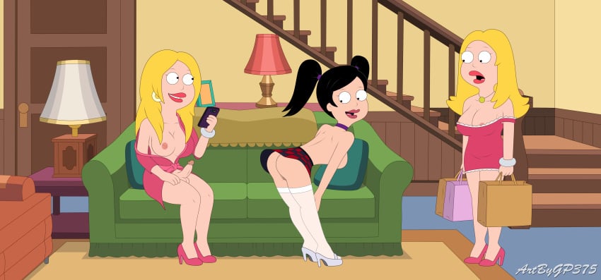 accurate_art_style american_dad areolae black_hair blonde_hair boner female francine_smith futanari gp375 hayley_smith high_heels hoop_earrings indoors mother_and_daughter recording school_uniform shocked shocked_expression skirt source_request video_recording