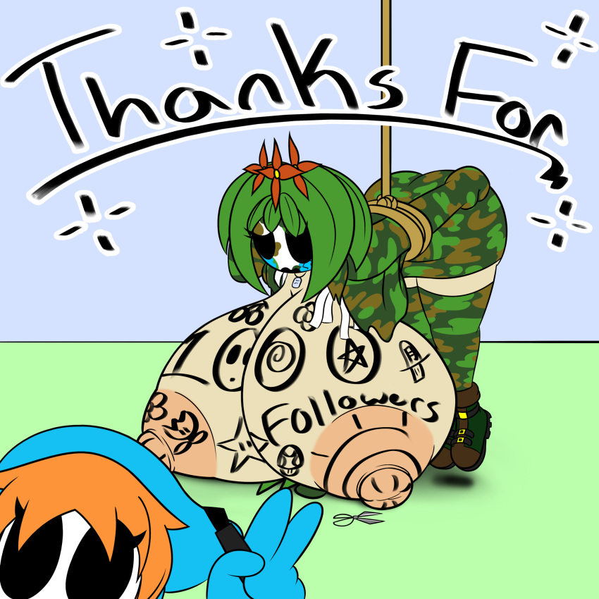 2021 areolae ass_in_dress blue_clothing body_writing bondage boots breasts breasts_bigger_than_head camo camouflage crying dog_tags english_text flower gigantic_breasts green_clothing hyper_breasts mario_(series) markings nintendo nipples orange_hair paper_mario peace_sign plant rope shy_gal spy_guy supermoonshroom suspension tears text tied_up watermark