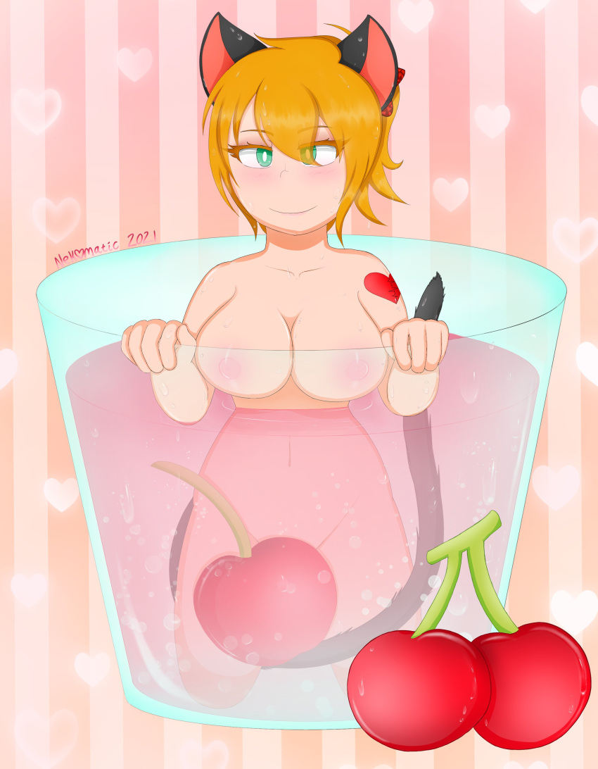 1girls animal_ears arm_tattoo belly belly_button big_breasts black_ears black_tail blonde_hair blush blushing_at_viewer bow bow_in_hair breasts bubbles cat_ears cat_girl cat_tail catgirl cherry cup facing_viewer female female_only fruit green_eyes heart_tattoo hearts_in_background kemonomimi naked nekomatic nipples nude nude_female oc original_character pink_background pink_nipples red_bow short_hair shot_glass smiling smiling_at_viewer solo striped_background tattoo