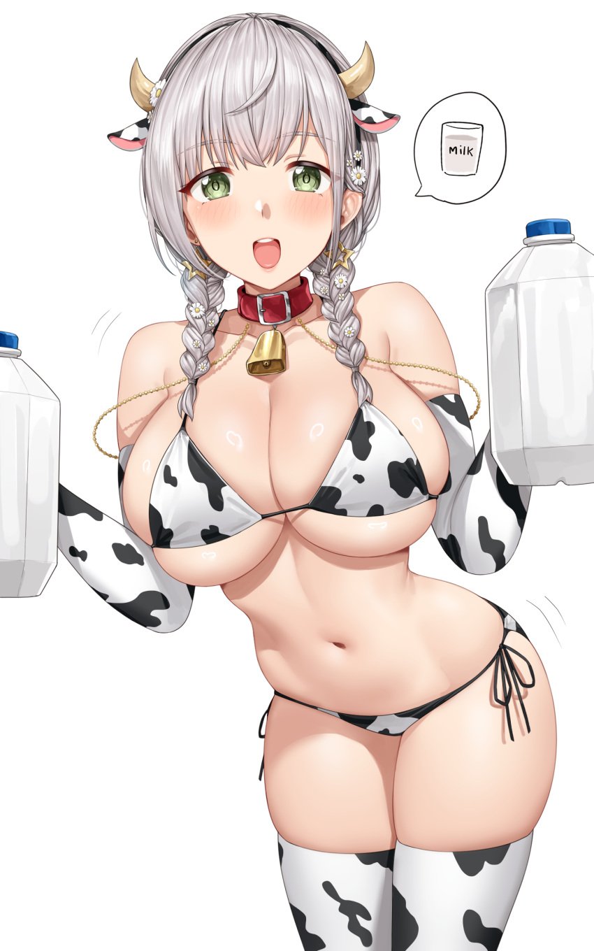 1girls big_breasts bikini breasts cow_bikini cow_ears cow_horns cow_print cowbell eye_contact fake_animal_ears fake_horns female grey_hair hololive hololive_fantasy hololive_japan looking_at_viewer shirogane_noel solo thick_thighs thighhighs thong twin_braids virtual_youtuber yakimi_27