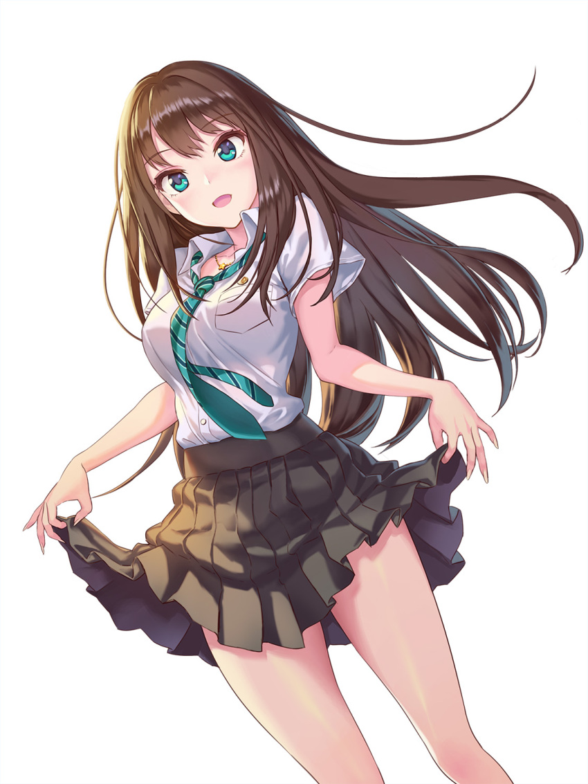 :d :o aqua_eyes aqua_necktie aqua_neckwear black_hair blush breast_pocket breasts brown_hair clothes_pull cowboy_shot dutch_angle eyebrows_visible_through_hair female floating_hair green_eyes grey_skirt hhama high_resolution holding_skirt idolmaster idolmaster_cinderella_girls jewelry large_breasts legs lifted_by_self light_blush long_hair looking_at_viewer medium_breasts necklace necktie open-mouth_smile open_mouth pendant pixiv_id_1128428 pleated_skirt school_uniform shibuya_rin shirt short_sleeves simple_background skirt skirt_grab skirt_hold skirt_lift skirt_lifted_by_self skirt_pull smile solo standing star_(symbol) star_necklace star_pendant striped striped_necktie striped_neckwear thighs tsurime uniform very_long_hair white_background white_shirt wing_collar