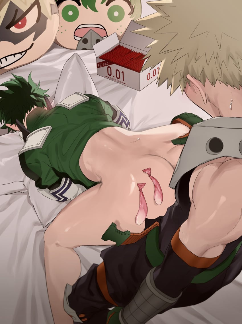 2boys ass ass_grab ass_up blonde_hair butt butt_grab clothing condom_balloon face_down_ass_up faceless_male goodbye_glory green_hair hand_on_ass hand_on_butt hero_outfit_(mha) izuku_midoriya katsuki_bakugou male male/male male_only my_hero_academia spiky_hair top-down_bottom-up yaoi