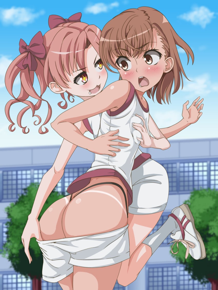 +_+ 2020 2020s 2girls ankle_socks anklehighs ass black_thong blush bow breast_grab brown_eyes brown_hair brunette dandere_(tetsudan) eyebrows_visible_through_hair female gym_uniform hairbow high_resolution interracial light-skinned_female light_skin long_hair misaka_mikoto multiple_girls open_mouth outdoors shiny shiny_skin shirai_kuroko short_hair shorts_pull sky sleeveless sleeveless_shirt smile socks tanline teenage_girl teenager teenager_on_teenager thong to_aru_kagaku_no_railgun to_aru_majutsu_no_index tokiwadai_school_gym_uniform twintails white_shirt white_shorts white_socks young yuri