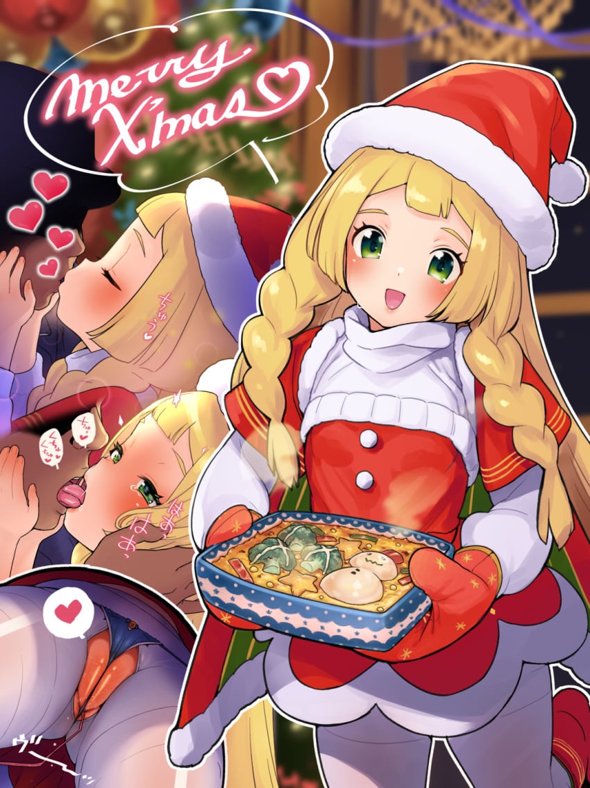 1boy alternate_costume bangs blonde_hair blunt_bangs blush braid faceless faceless_male female food french_kiss green_eyes hat heart highres holding holding_food kinocopro kissing layered_sleeves lillie_(pokemon) long_hair long_sleeves merry_christmas pantyhose pokemon pokemon_(game) pokemon_sm pussy red_mittens santa_costume santa_dress santa_hat sex_toy solo_focus spoken_heart straight twin_braids white_legwear