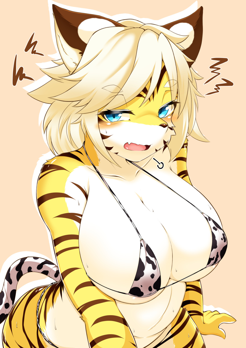 absurd_res anthro big_breasts bikini blonde_hair blue_eyes blush breasts clothing cyberconnect2 drecom felid female full_bokko_heroes fur hair hi_res mammal megane_inu pantherine solo striped_body stripes swimwear tiger video_games zhang_fei_(full_bokko_heroes)