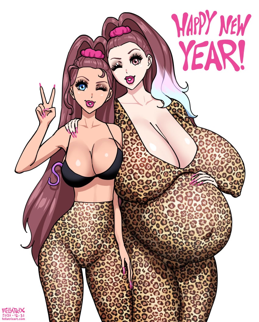 2021 2girls artist_name ashley_(fellatrix) big_belly big_breasts blue_eyes cleo_(fellatrix) dated fellatrix female female_focus futa_wife hand_on_belly leopard_print living_clothes mature_female milf new_year older_female peace_sign ponytail pregnant ready_to_pop siblings sisters smile tentacle thick_thighs torpedo_belly voluptuous white_background