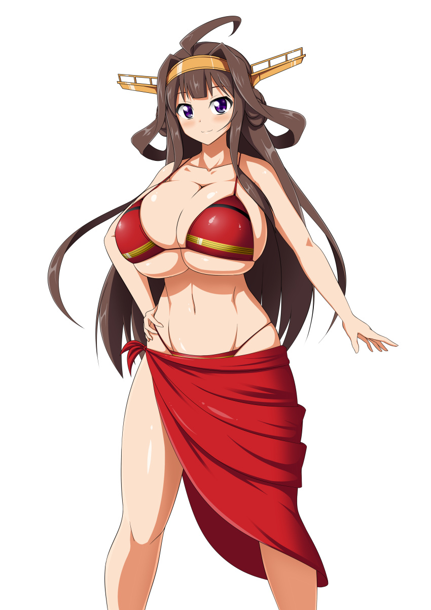 absurdres bikini blush breasts brown_hair cleavage curvy female highres huge_breasts kantai_collection kongou_(kantai_collection) long_hair looking_at_viewer mgear moralgear navel purple_eyes simple_background smile solo standing swimsuit wide_hips