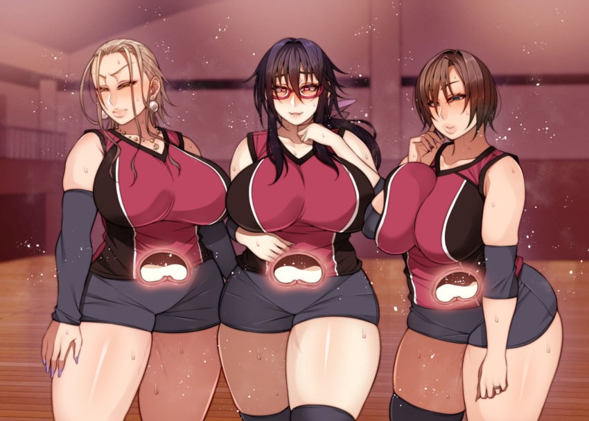 3girls after_sex black_hair black_legwear black_thighhighs blue_eyes blush breast_squeeze brown_hair clothed clothing cum cum_in_pussy cum_in_uterus cum_inside cum_plugged excessive_cum female glasses heart-shaped_pupils huge_breasts korotsuke legs_together long_hair looking_at_viewer milf momoe_nekura multiple_females multiple_girls short_hair shorts sportswear spread_legs the_creepy_glasses_girl thighhighs uterus wide_hips womb x-ray