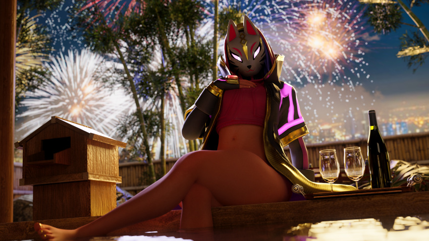 4k catalyst_(fortnite) female fireworks fortnite jacket kitsune_mask mrlolzies101 new_year partially_clothed solo solo_focus thick_thighs thighs