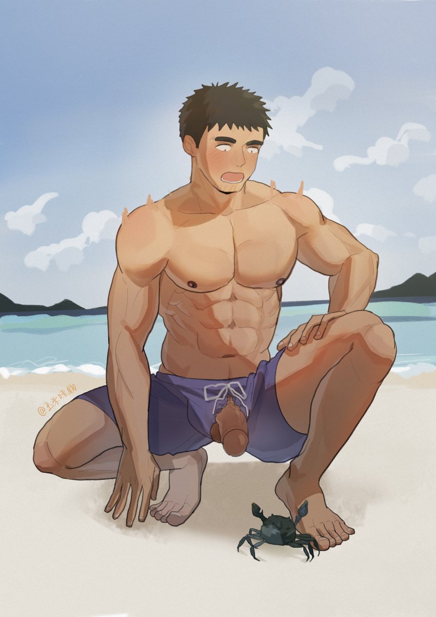 1boy abs absurdres bara beach black_hair blush crab embarrassed facial_hair flaccid goatee highres large_pectorals maize-sausage male_focus male_only male_swimwear mature_male muscular muscular_male my_senpai_is_annoying navel navel_hair nipples nose_blush official_alternate_costume pectorals penis penis_peek purple_male_swimwear sand senpai_ga_uzai_kouhai_no_hanashi short_hair solo squatting stomach stubble swim_trunks swimsuit takeda_harumi_(shiromanta) thick_eyebrows topless_male torn_clothes torn_swimsuit uncensored wardrobe_malfunction