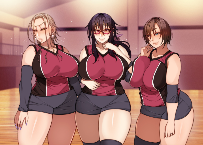 breast_squeeze glasses huge_breasts korotsuke looking_at_viewer milf momoe_nekura multiple_females multiple_girls original_characters shorts sportswear the_creepy_glasses_girl thick_thighs