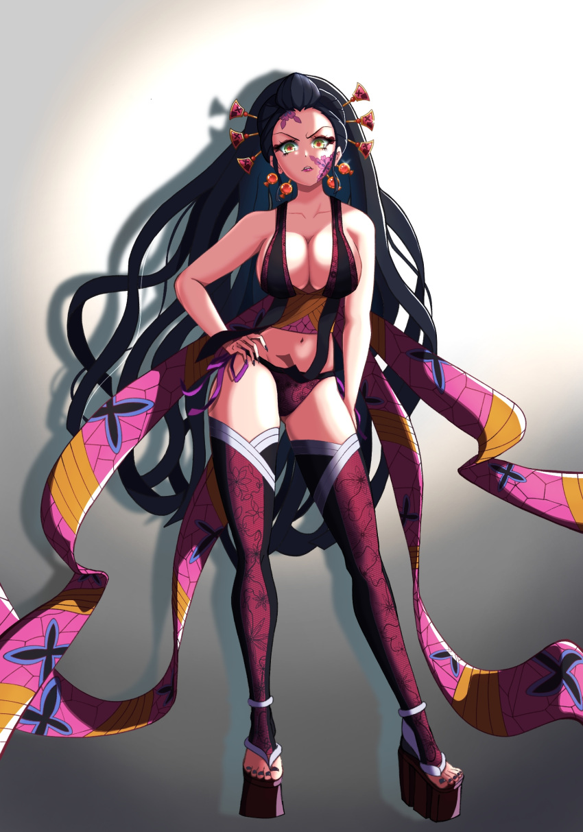 big_breasts black_hair cleavage daki_(kimetsu_no_yaiba) demon_girl demon_slayer facial_markings female female_only full_body gacha_god geta green_eyes hair_ornament hand_on_hip kimetsu_no_yaiba lingerie long_hair multicolored_eyes nail_polish obi okobo platform_footwear revealing_clothes side-tie_panties solo standing thighhighs toeless_legwear toenail_polish very_long_hair