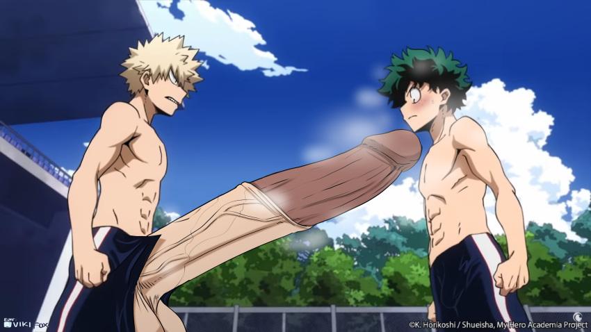 2boys abs balls ballsack blonde_hair blush erection foreskin foreskin_folds frenulumless_foreskin green_hair human hyper hyper_balls hyper_genitalia hyper_muscles hyper_penis hyper_retracted_foreskin hyper_testicles intact izuku_midoriya katsuki_bakugou lean_muscle male male_only muscles muscular_male musk musky_cock my_hero_academia open_pants outdoors pants_open pecs penis penis_out public scrotum shirtless smooth_skinned_male spiky_hair testicles toony topless uncut veins veiny_penis vikifox_(artist)