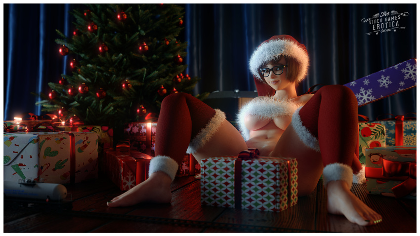 1girls 3d big_breasts breasts christmas eyewear female female_only glasses large_breasts looking_at_viewer mei_(overwatch) overwatch solo spread_legs vgerotica