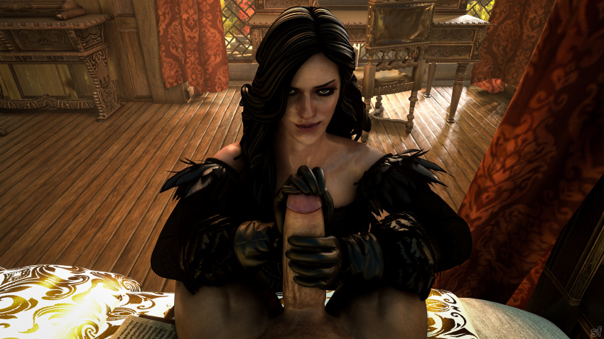 1boy 1girls 3d alternate_costume bed bedroom blender cd_projekt_red clothes eye_contact gloved_handjob gloves handjob imminent_oral naughty_face oral pov seductive_eyes seductive_look seductive_mouth seductive_smile smoothfeelin sorceress tagme the_witcher_(series) the_witcher_3:_wild_hunt yennefer