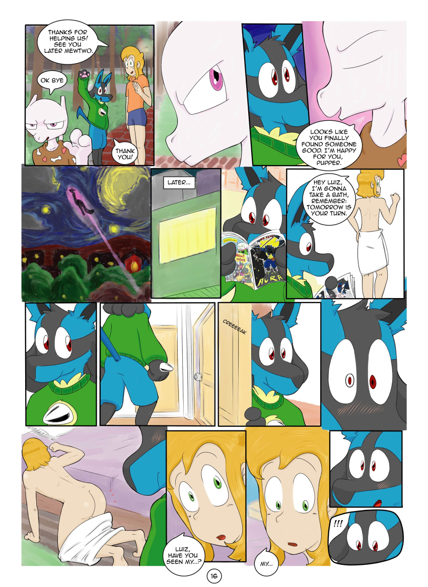 absurd_res all_fours angry anthro ass bed bed_sheet bedding blonde_hair blue_body blue_fur blush canid canine cape carpet clothing comic comic_book costume_party_style_lucario deltarune digital_media_(artwork) door english_text felid flower flying fur furniture green_eyes grey_body grey_fur hair hi_res human inside landscape legendary_pokémon lucario luiz_(mr_fuwa) male mammal mewtwo moon mr._mime mr_fuwa night_sky nintendo nude nycteus park pillow plant pokemon pokemon_(species) prazite purple_body purple_eyes ralsei ralsei_smoking_blunt reading red_eyes ruzne smile smoking speech_bubble spikes star street surprise sweater topwear towel undertale_(series) video_games yellow_body yellow_fur zeraora