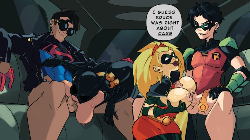 2boys 2girls ass ass_up batgirl batgirl_(cassandra_cain) batman_(series) batmobile belt big_ass big_breasts black_hair blonde_hair breasts breasts_out cape car cassandra_cain cleavage clone clothed_sex colored comic conner_kent dc dc_comics deepthroat dialogue dialogue_bubble domino_mask eduardo_squidwardo fellatio gloves hand_on_ass hand_on_chest inside_car jacket kon-el leather_jacket lipstick male mask mask_pull muscular_male oral oral_sex paizuri paizuri_lead_by_female pale-skinned_male red_robin robin_(dc) robin_(stephanie_brown) robin_(tim_drake) scar scars short_hair sofa spoiler_(dc) stephanie_brown sunglasses superboy superboy_(conner_kent) superman_(series) tim_drake utility_belt window