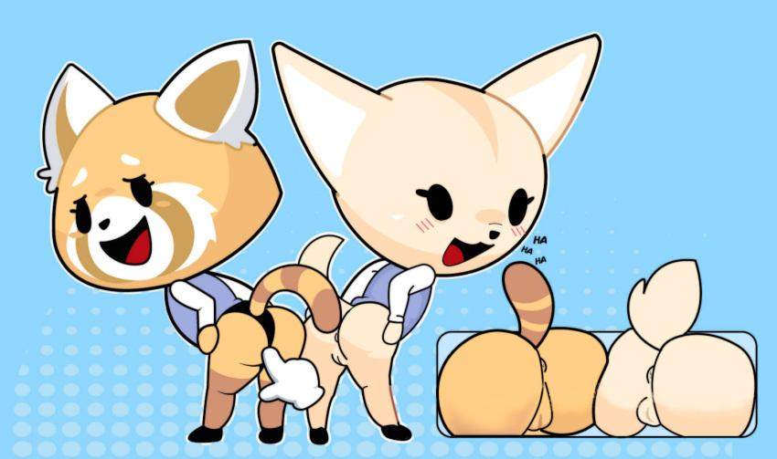 2d 2girls abstract_background aggressive_retsuko aggretsuko ailurid anthro anus ass bent_over big_ass big_butt blue_background blush bottomless canid canine chibi clothing duo female fennec fenneko fox fur furry genitals gosgoz hi_res laugh looking_at_viewer looking_back mammal office_lady open_mouth presenting presenting_anus presenting_hindquarters presenting_pussy pussy rear_view red_panda retsuko sanrio simple_background straight_hair tail take_your_pick text topwear