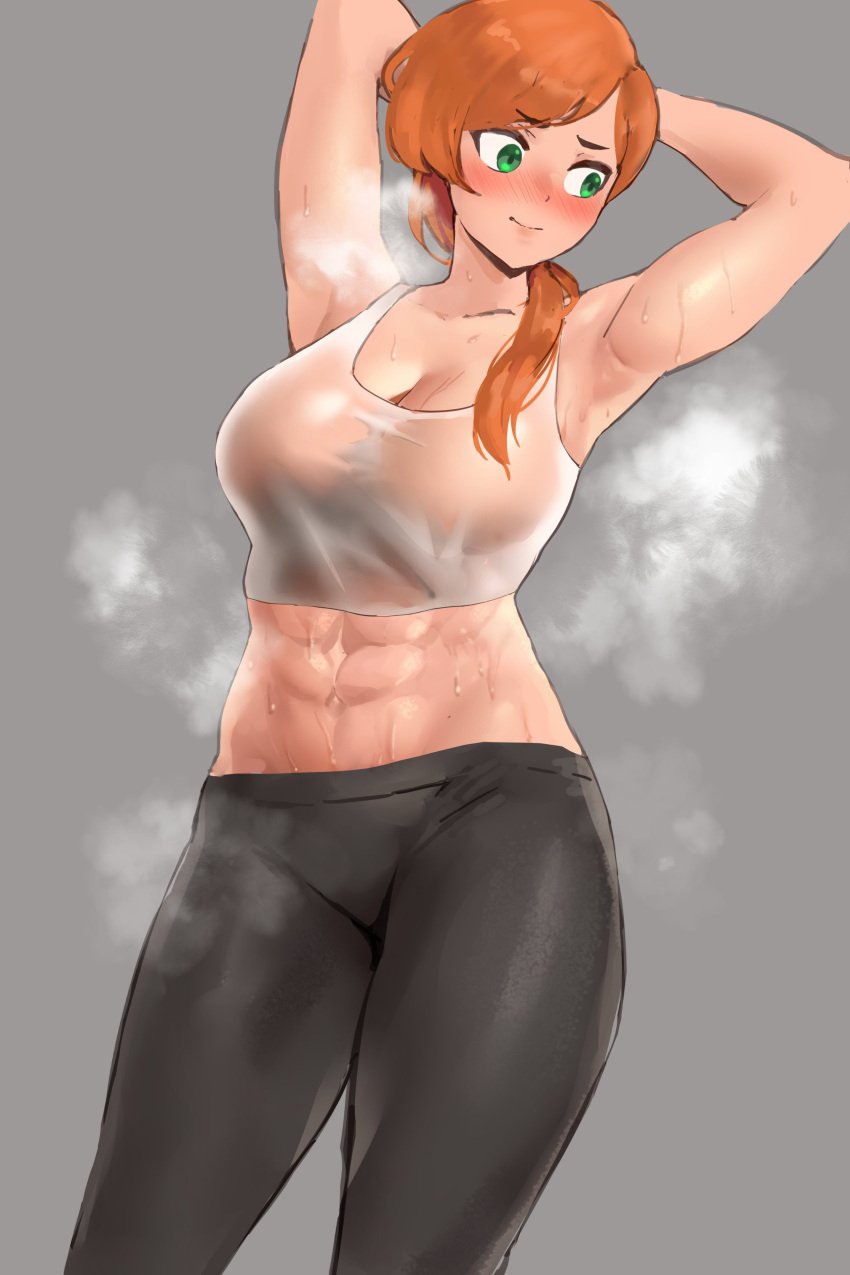 1girls abs alex_(minecraft) big_breasts blush breasts female female_only large_breasts minecraft musk solo sweat yotahen