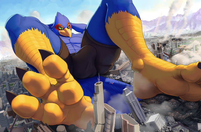 2021 anthro avian bird black_clothing blockman3_(artist) blue_body bulge city clothed clothing destruction falco_lombardi hands_behind_head hi_res macro male male_only muscular muscular_anthro muscular_male nintendo smile star_fox topless topless_anthro topless_male video_games