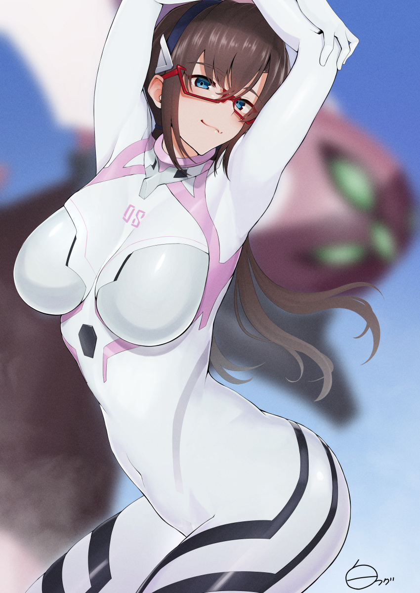 1girls 2021 armpits arms_up ass belly blue_eyes blurry_background bodysuit breasts brown_hair clothed clothed_female clothing curvy female female_only glasses high_resolution human interface_headset large_breasts light-skinned_female light_skin long_hair looking_at_viewer mari_illustrious_makinami navel neon_genesis_evangelion pilot_suit plugsuit png rebuild_of_evangelion red_glasses shirofugu smile standing thick_thighs tight_bodysuit twintails watermark wide_hips