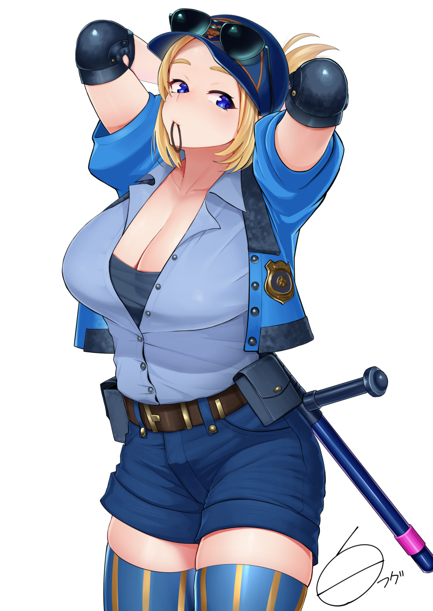 1girls 2021 arms_behind_head baton big_breasts blonde_hair blue_eyes breasts cleavage clothed clothed_female female female_only hat high_resolution looking_at_viewer lucia_morgan nightstick object_in_mouth police_badge police_baton shirofugu shorts simple_background stockings street_fighter street_fighter_v sunglasses sunglasses_on_hat sunglasses_on_head thunder_thighs tomboy watermark