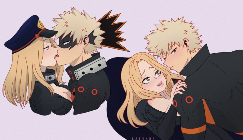 1boy 1girls blonde_hair camie_utsushimi cleavage female french_kiss hero_outfit_(mha) katsuki_bakugou kissing lazyanart making_out male my_hero_academia nipple nipple_slip open_clothes shiketsu_high_school_cap spiky_hair straight tight_clothing tongue_kiss