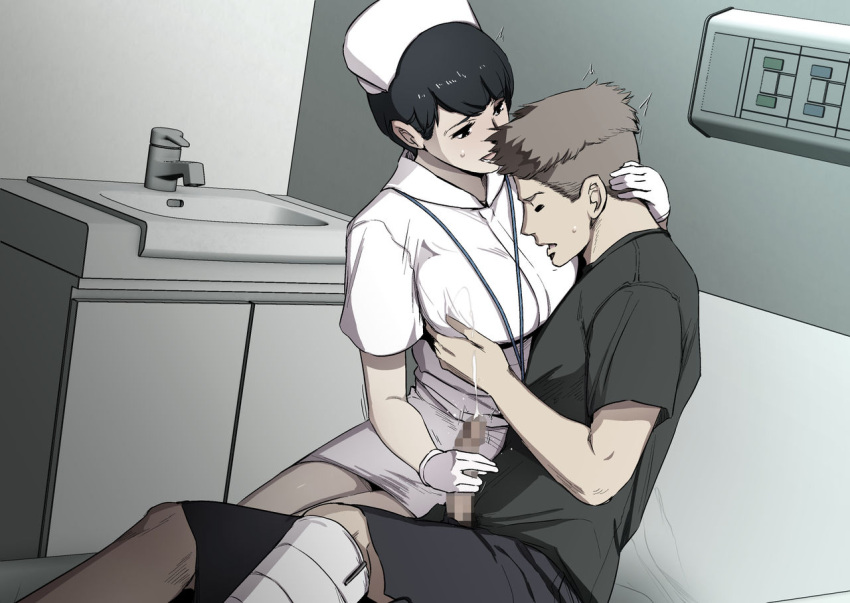 1boy 1girls age_difference black_hair breast_grab breasts censored_pussy cheating cheating_wife cum cumshot female gloves grechko55 gureko_rouman handjob happy hospital hugging male mature_female mature_woman milf muted_color nurse nurse_cap nurse_uniform older_female older_woman_and_younger_boy penis short_hair younger_male