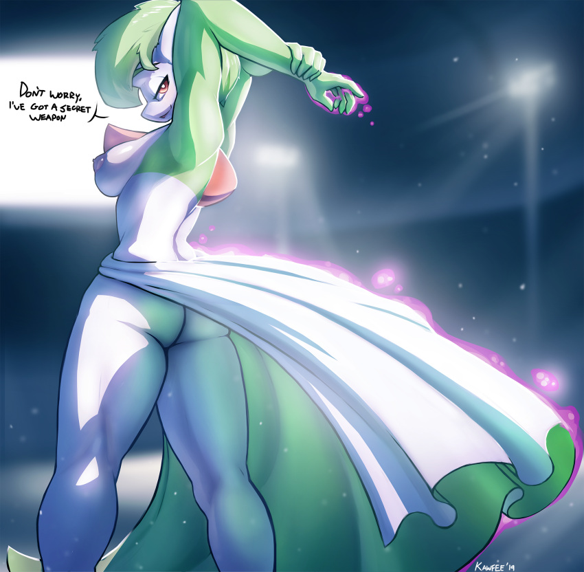 1girls ass big_ass big_butt breasts butt dress dress_lift female female_only game_freak gardevoir green_hair kawfee medium_breasts nintendo nipples pink_nipples pokemon pokemon_(species) short_hair sideboob solo solo_female talking_to_viewer text thick_thighs