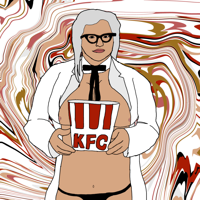 black_eyes black_glasses black_thong breasts clothing colonel_sanders digital_media_(artwork) female food glasses gray_hair kfc kfc_bucket male_only nipple_piercing nipples piercing piercings solo solo_female thong