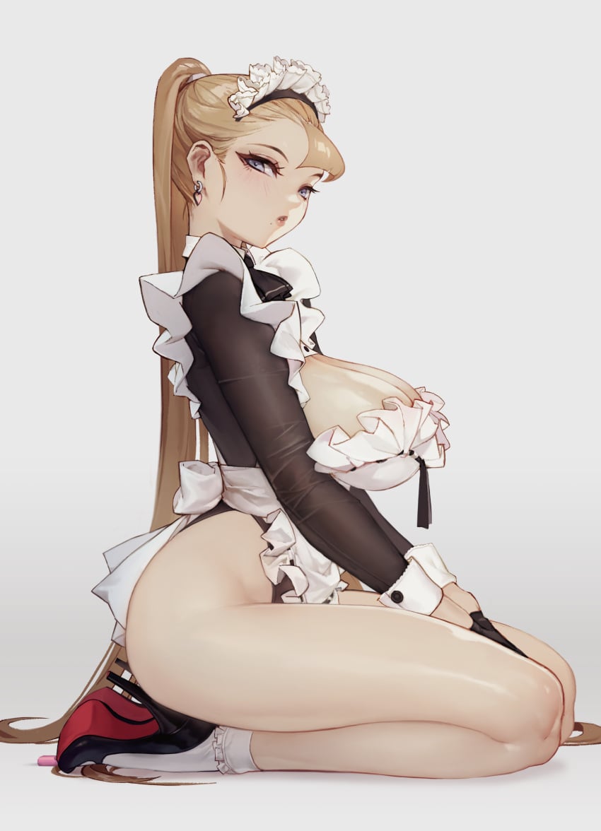 1girls absurd_res apron ass big_ass big_breasts blonde_hair blouse blue_eyes breasts cleavage duto ear_piercing earrings eyelashes eyeliner eyeshadow female female_only frills headband heels hi_res high_heels hips kneeling lipstick long_hair looking_at_viewer maid maid_headdress maid_uniform makeup mole on_knees original original_character ponytail revealing_clothes shirt simple_background socks solo solo_female very_high_heels very_long_hair white_background