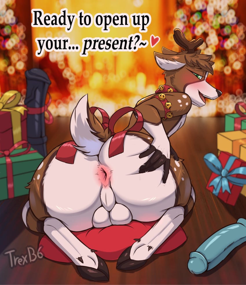 anal animal_genitalia animal_penis anthro antlers anus ass backsack balls bedroom_eyes bell big_butt blush bow_(disambiguation) brown_body brown_fur capreoline cervid christmas christmas_clothing clothing digital_media_(artwork) dildo equine_penis fur genitals gift hair half-closed_eyes hi_res holidays hooves horn humanoid_genitalia humanoid_penis jingle_bell looking_at_viewer looking_back male male/male mammal narrowed_eyes nude open_mouth penis pillow presenting presenting_anus presenting_balls presenting_hindquarters raised_tail reindeer ribbons seductive sex_toy smile solo spread_butt spreading text tongue trex_b6 white_body white_fur