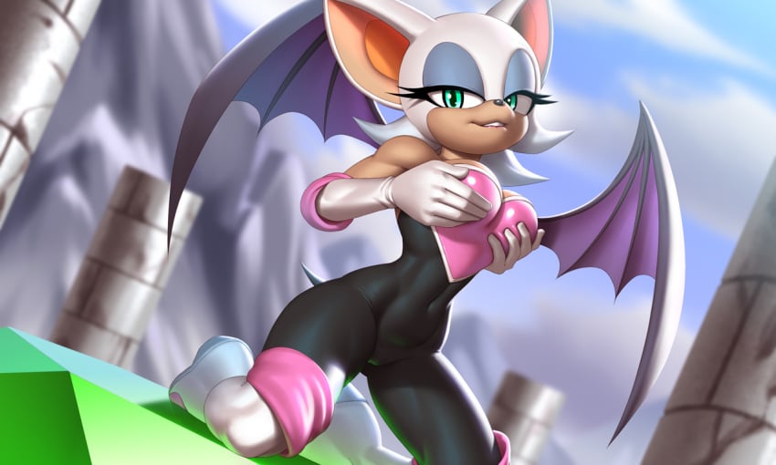 1girls bat_wings hi_res holding_breast looking_at_viewer outdoors outside pak009 rouge_the_bat solo sonic_(series) tight_clothing