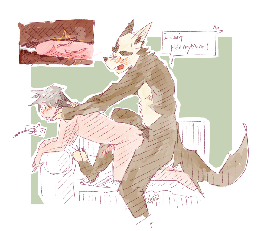 anal anal_sex anthro anthro_penetrating anthro_penetrating_human black_hair blush bodily_fluids brown_body brown_fur canid canine canis cum cum_in_ass cum_inside duo ejaculation english_text fur furniture genital_fluids genitals hair hi_res holding_partner human human_on_anthro human_penetrated internal interspecies larger_anthro male male/male mammal nude penetration penis red_eyes rin_i9 sex size_difference smaller_human smaller_penetrated sofa text wolf