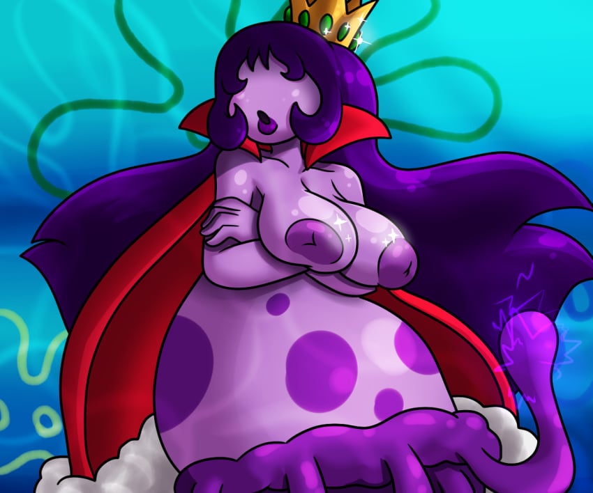 animal_humanoid anthro arms_under_breasts breasts cape clothing cnidarian crossed_arms crown eyeless female genderswap_(mtf) glistening glistening_body glistening_skin hair humanoid inverted_nipples jellyfish king_jellyfish_(character) marine medusozoan nickelodeon nipples nude open_mouth purple_body purple_hair purple_nipples royalty rule_63 simple_background solo spongebob_squarepants straight_hair tentacle water yoshimister