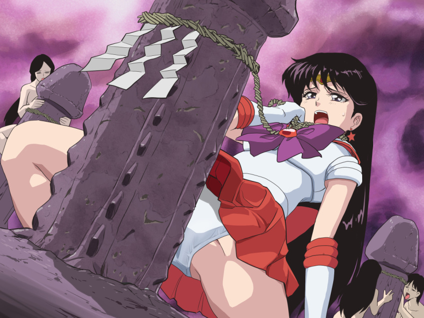 4girls bad_end bishoujo_senshi_sailor_moon censored clothing defeated_heroine fingering giant_dildo multiple_girls open_mouth panties rei_hino restrained sailor_mars skirt spread_legs stone_dildo submission submissive_female tare-katsu tied_up worship