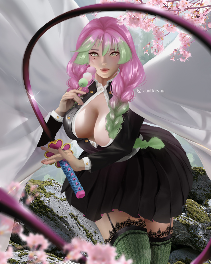 bangs big_breasts braided_hair breasts cleavage dango demon_slayer detailed_background female female_only garter_straps green_eyes haori heart-shaped_pupils kanroji_mitsuri kimetsu_no_yaiba kimikkyuu lace-trimmed_thighhighs long_hair long_sleeves looking_at_viewer mole_under_eye no_bra open_shirt pink_hair pleated_skirt realistic solo stockings sword thighhighs two_tone_hair