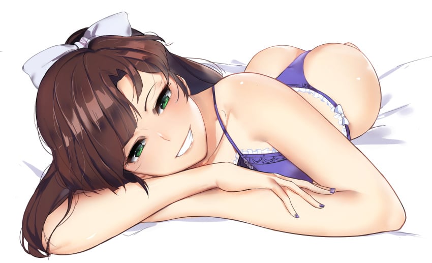 1girls ardi_rayhan ass bed bed_sheet bedroom_eyes bow bra brown_hair crazy_eyes female female_only green_eyes lingerie looking_at_viewer panties ranma_1/2 smile solo solo_female solo_focus tagme ukyo_kuonji