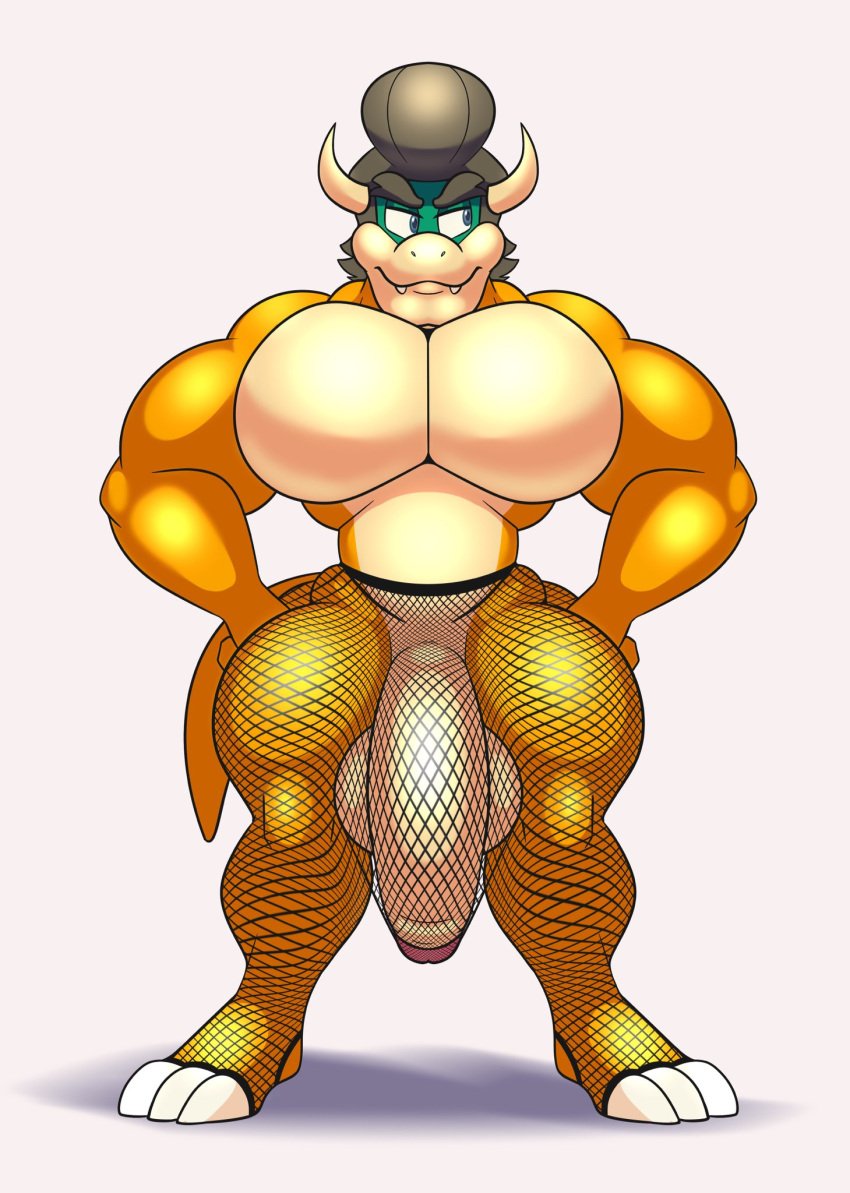 anthro balls bara big_balls big_penis clothing colelucario dominic_(colelucario) fan_character fishnet fishnet_legwear genitals hair hands_on_hips hi_res horn huge_cock koopa legwear male male_only mario_(series) muscular muscular_anthro muscular_male nintendo penis pompadour scalie simple_background solo standing thick_thighs video_games white_background