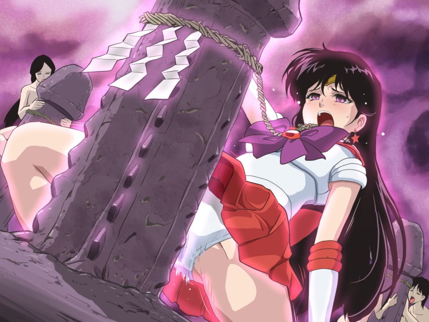 4girls against_rock bad_end bishoujo_senshi_sailor_moon censored clothing crotch_rub defeated_heroine fingering giant_dildo hypnosis multiple_girls open_mouth panties rei_hino restrained rubbing_clitoris rubbing_pussy sailor_mars skirt spread_legs stone_dildo submission submissive_female tare-katsu tied_up worship