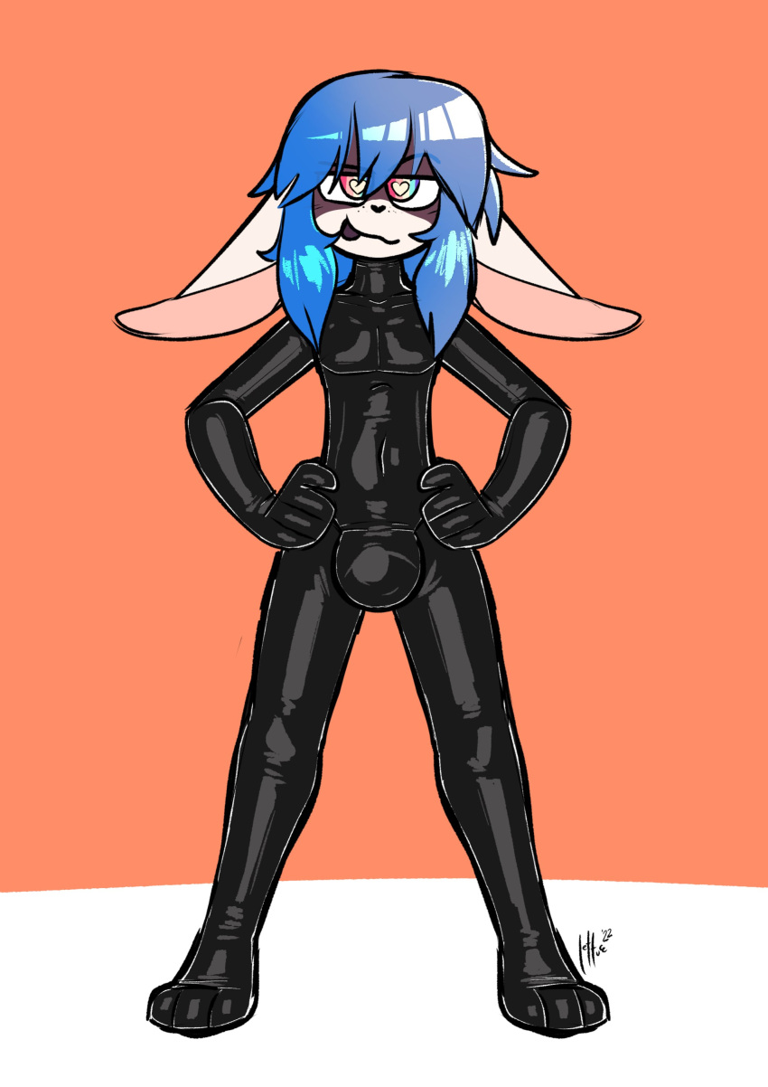 1boy animal_ears anthro black_bodysuit black_latex blue_hair blue_hair_male bodysuit bulge clothing femboy heart-shaped_pupils huge_bulge latex male male_anthro male_only mouth_closed qqlettuce rainbow_eyes rainbow_eyes_male solo tongue tongue_out