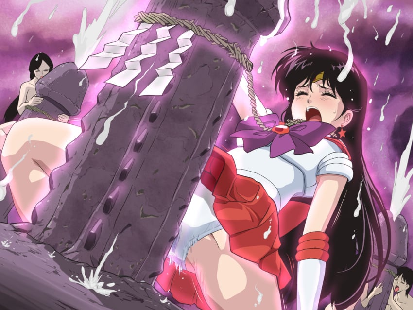 4girls bad_end bishoujo_senshi_sailor_moon censored closed_eyes clothing cum cum_rain cumming defeated_heroine ejaculation fingering giant_dildo hypnosis multiple_girls open_mouth panties rei_hino restrained rubbing_pussy sailor_mars skirt spread_legs stone_dildo submission submissive_female tare-katsu tied_up worship