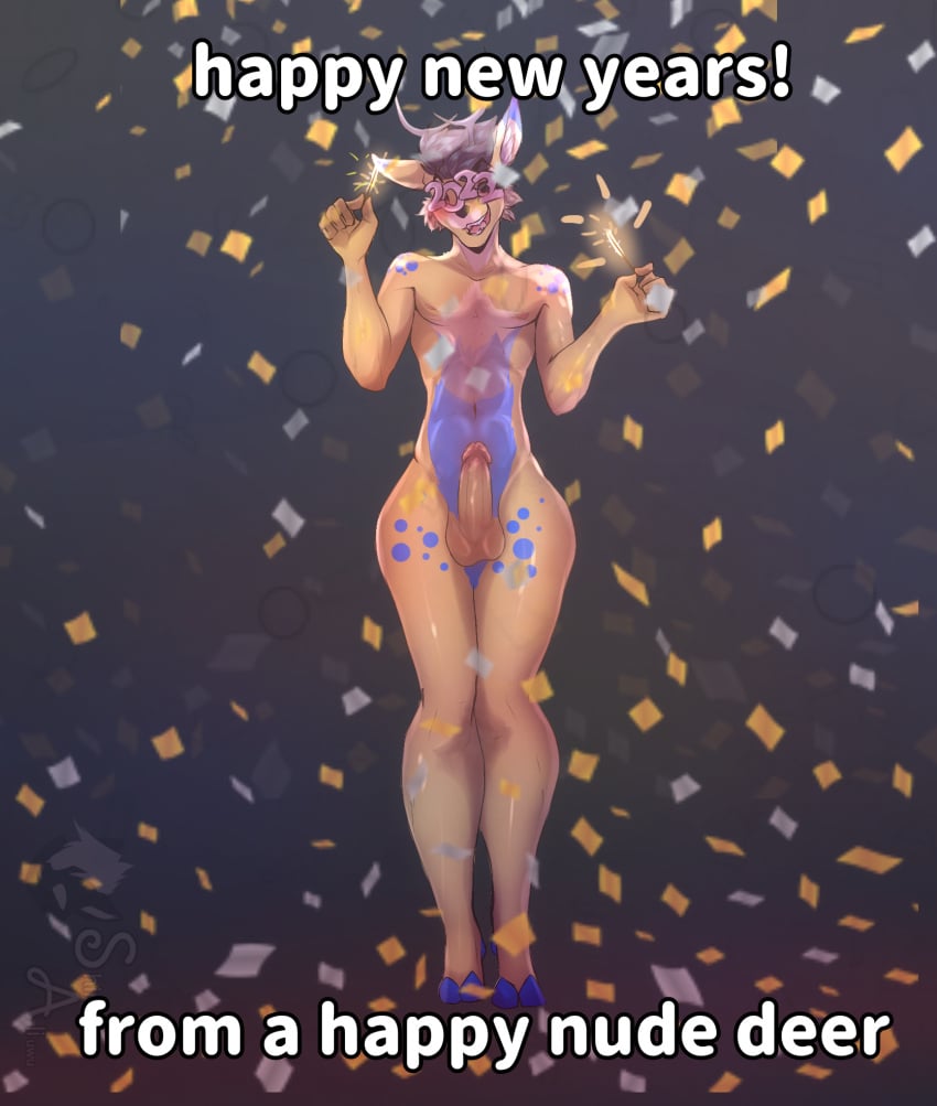 anthro antlers balls blonde_fur blue_body blue_fur blush cervid confetti eyewear fur genitals glasses hands hi_res holidays hooves horn humanoid_genitalia invalid_tag male mammal new_year penis solo sparklers spots teeth text tongue unknown_artist