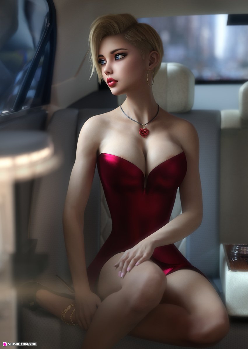 1girls 3d black_high_heels blonde_hair blue_eyes car cleavage clothed clothing depth_of_field dress earrings female female_only hazel_(therealzoh) high_heels hoop_earrings in_car large_breasts lipstick necklace nipple_peek original original_character pink_nail_polish pink_nails pinup red_dress red_lipstick seated short_hair sitting slushe_(website) solo solo_female therealzoh