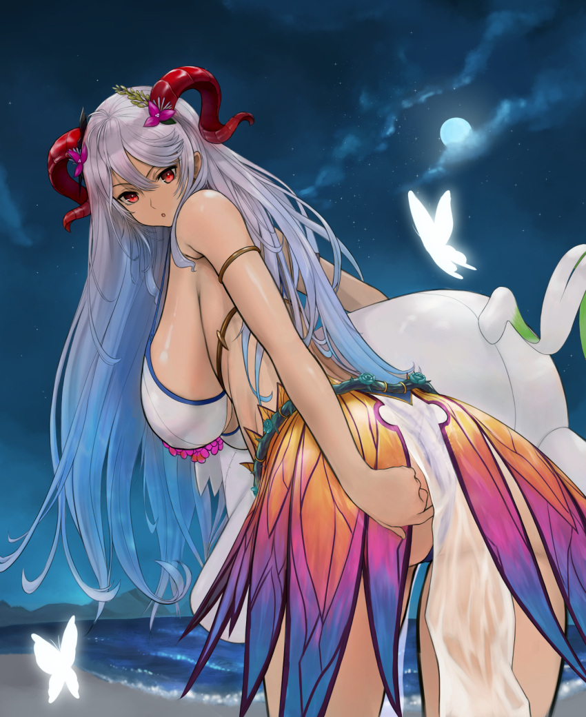 1girls adjusting_clothes adjusting_swimsuit alternate_costume ass back_view bare_thighs beach big_ass bikini blue_hair breasts butterfly female_only fire_emblem fire_emblem_heroes flower flower_necklace freyja_(fire_emblem) freyja_(summer)_(fire_emblem) full_moon grey_hair hair_between_eyes hair_flower holding_toy horns huge_breasts inflatable_toy long_hair looking_back moon multicolored_hair night nintendo ocean official_alternate_costume open_mouth pelvic_curtain red_eyes red_horns rype solo swimsuit thighs toy very_long_hair white_bikini white_swimsuit