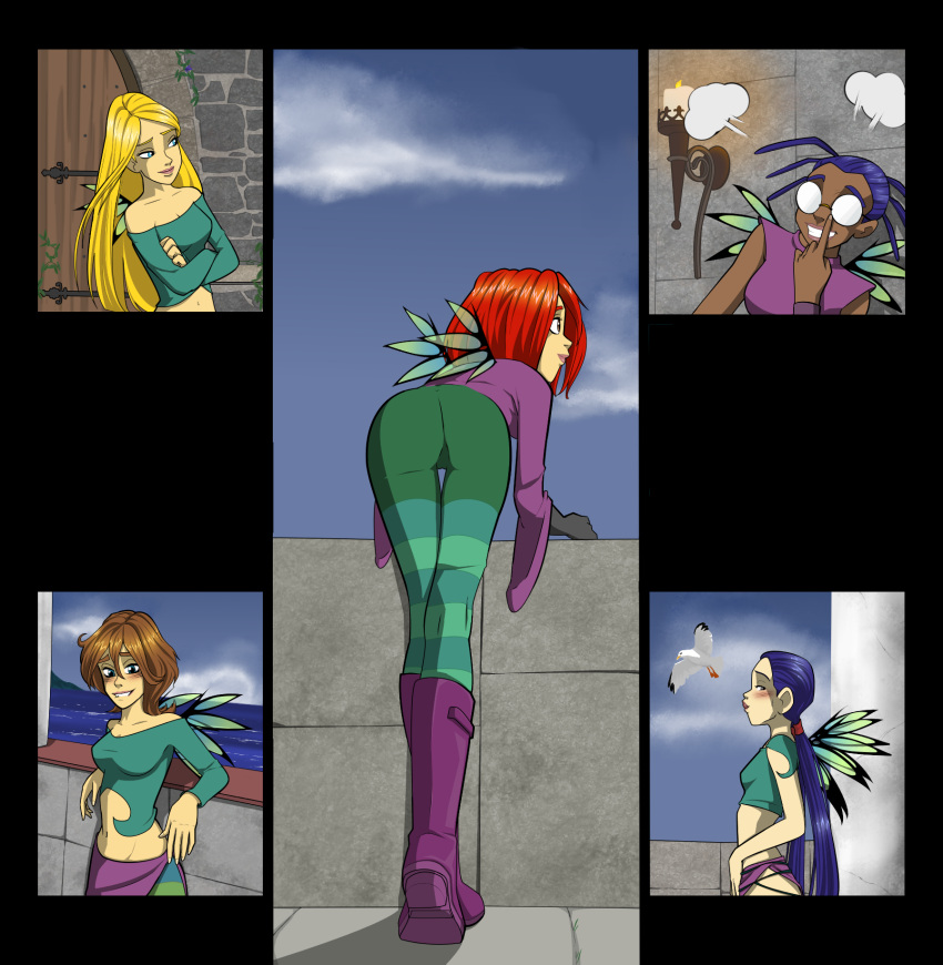 5girls ass bending_over bird biting_lip bodysuit boots clothed cornelia_hale disney enjoying_view fairy fairy_wings female female_only hay_lin irma_lair licking_lips looking_at_butt looking_at_partner nanotyrannus png smile taranee_cook teenager tight_clothing w.i.t.c.h. will_vandom wings yuri