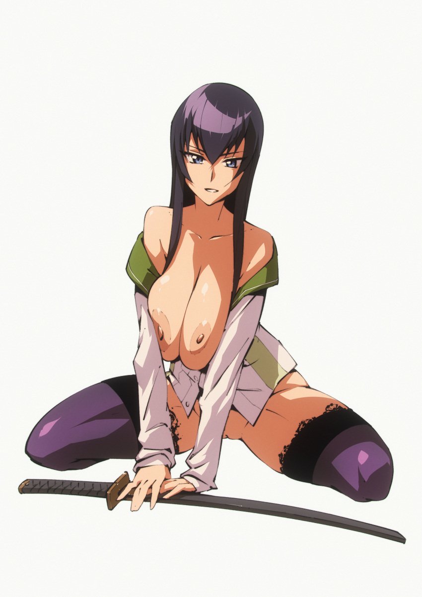 bottomless flou highschool_of_the_dead long_hair looking_at_viewer no_bra no_panties nude purple_hair saeko_busujima